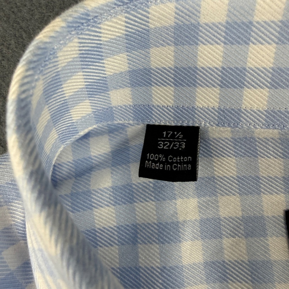 David Donahue Shirt Men's 17.5 32-33 Blue Gingham Check Plaid Dress Spread Sky - Picture 5 of 11
